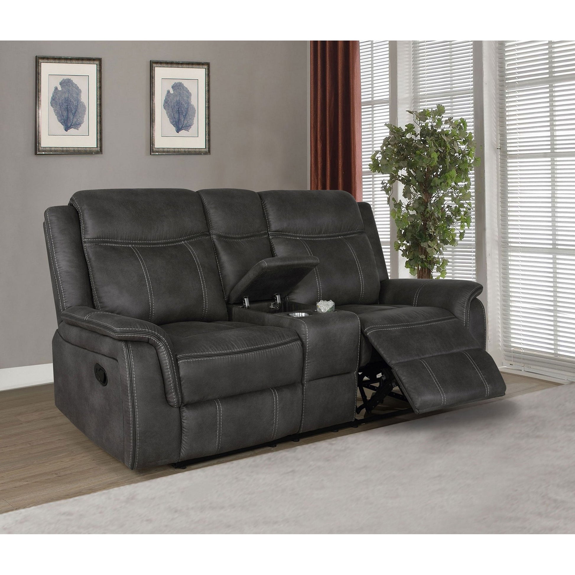 Franklin - Upholstered Padded Arm Reclining Loveseat With Center Console - Charcoal Furniture Max