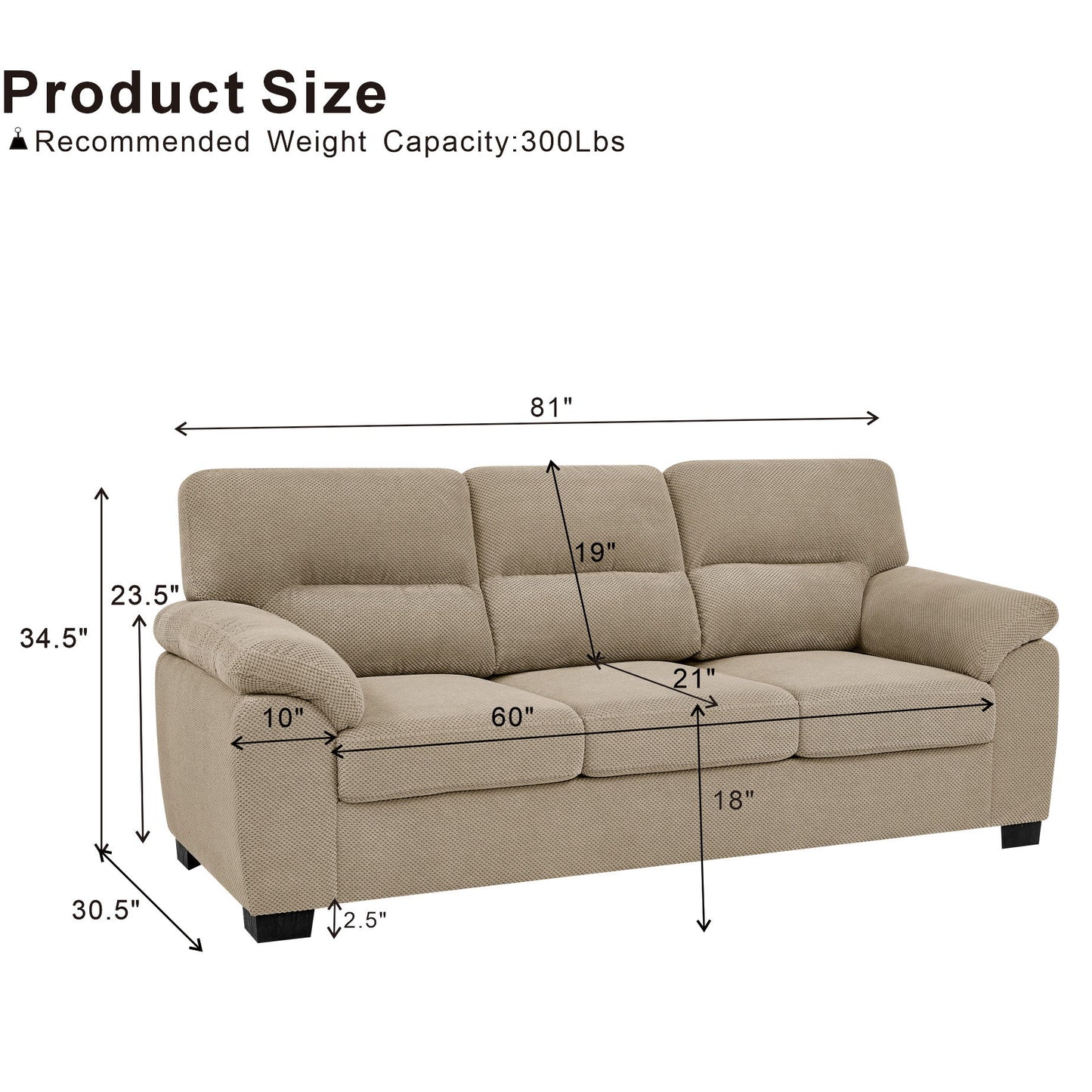 3 Seater Sofa With Padded Armrests And Triangular Leg Home Essentials