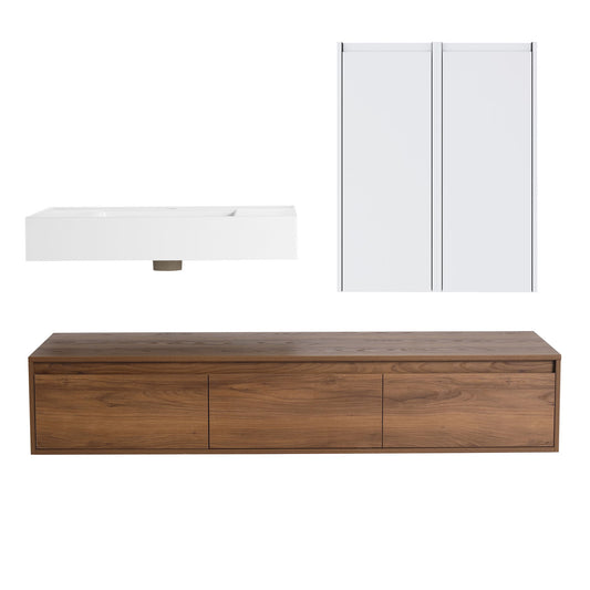Wall Mounted Bathroom Vanity With Resin Sink And 2 Side Cabinet, 3 Soft Close Drawer - Brown Ebony Home Essentials