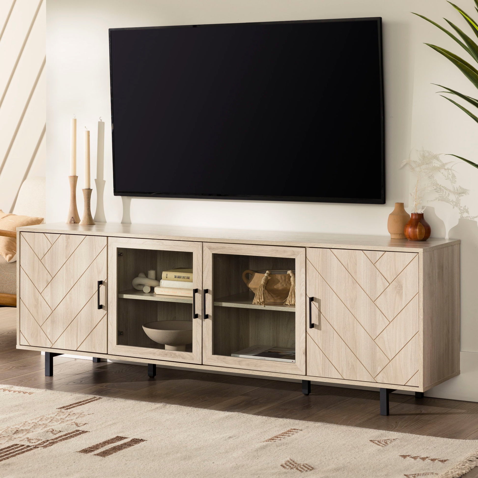 Modern Scandinavian 4 Door Herringbone 70" TV Stand For TVs Up To 80" Walker Edison