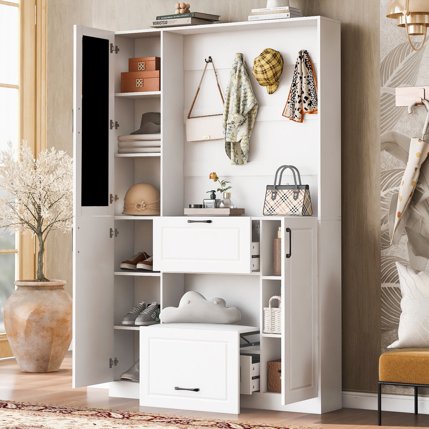 Entryway Bench With Integrated Shoe Cabinet, 3 In 1 Design And Mirrored Cabinet Door, Hall Tree With 4 Sturdy Hooks And Foldable Seat For Entrance, Living Room - White Hearth and Haven