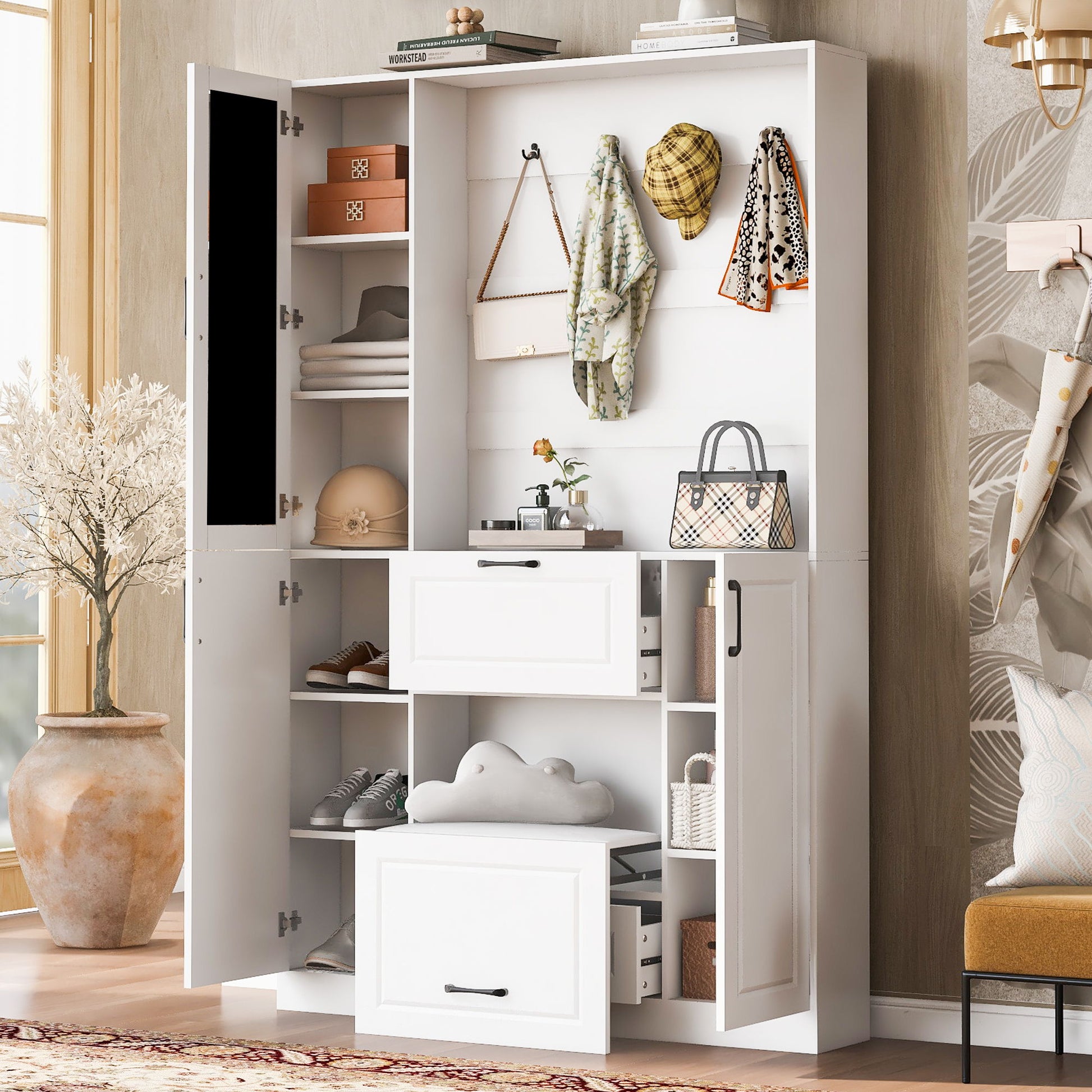 Entryway Bench With Integrated Shoe Cabinet, 3 In 1 Design And Mirrored Cabinet Door, Hall Tree With 4 Sturdy Hooks And Foldable Seat For Entrance, Living Room - White Hearth and Haven