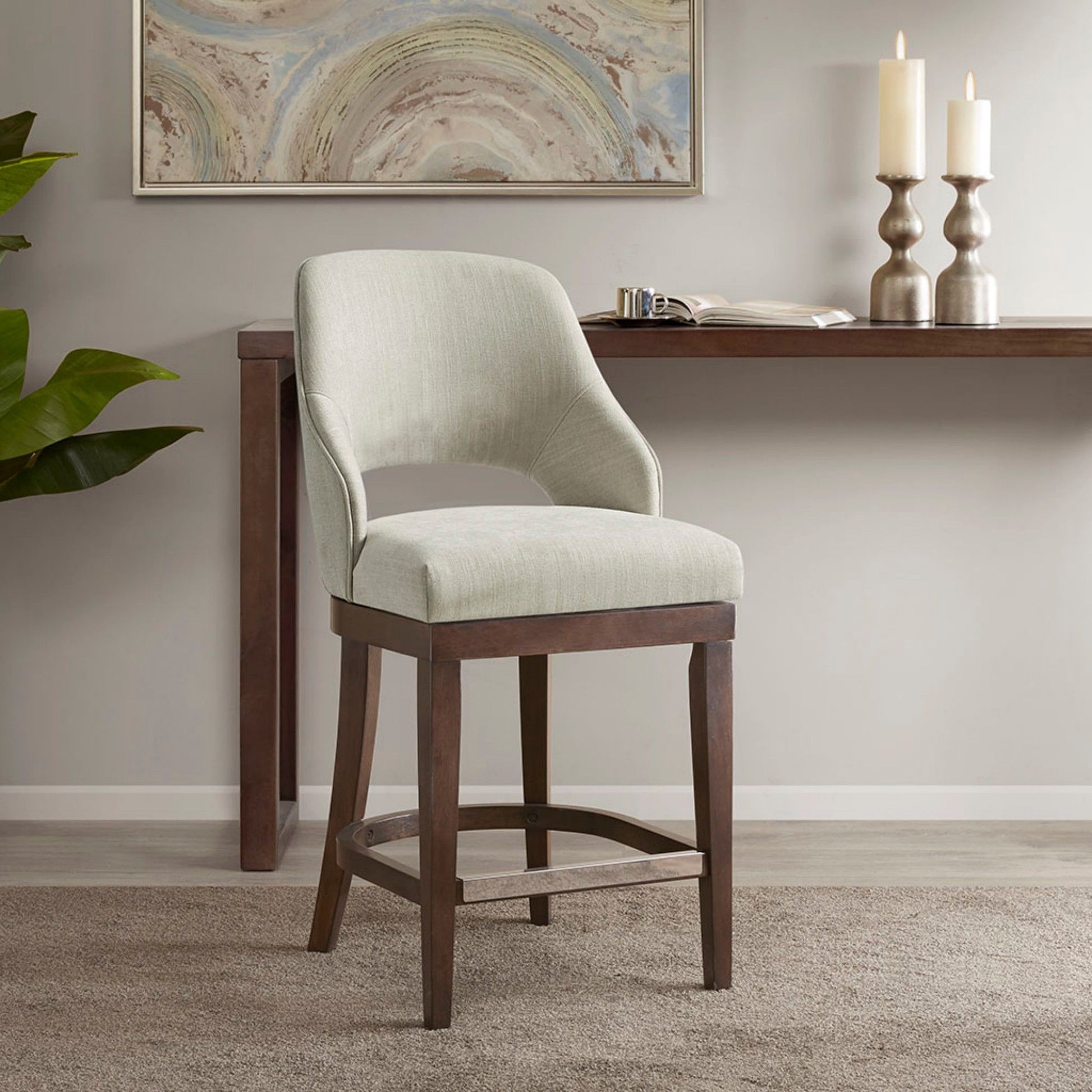 Counter Stool With Swivel Seat, Upholstery And Solid Wood Legs - Cream JLA