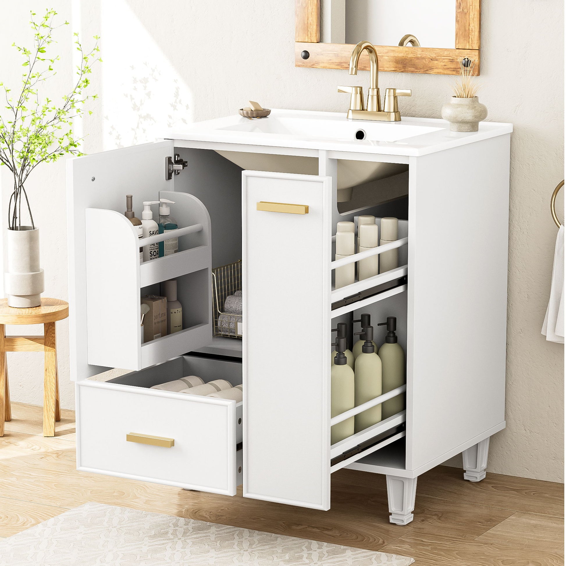 Bathroom Vanity With Sink, Deep Drawer, Door Shelf, 2 Tier Basket Noble House