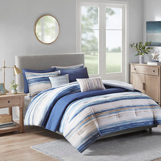 Marina - King 8 Piece Printed Comforter And Coverlet Set Collection - Blue