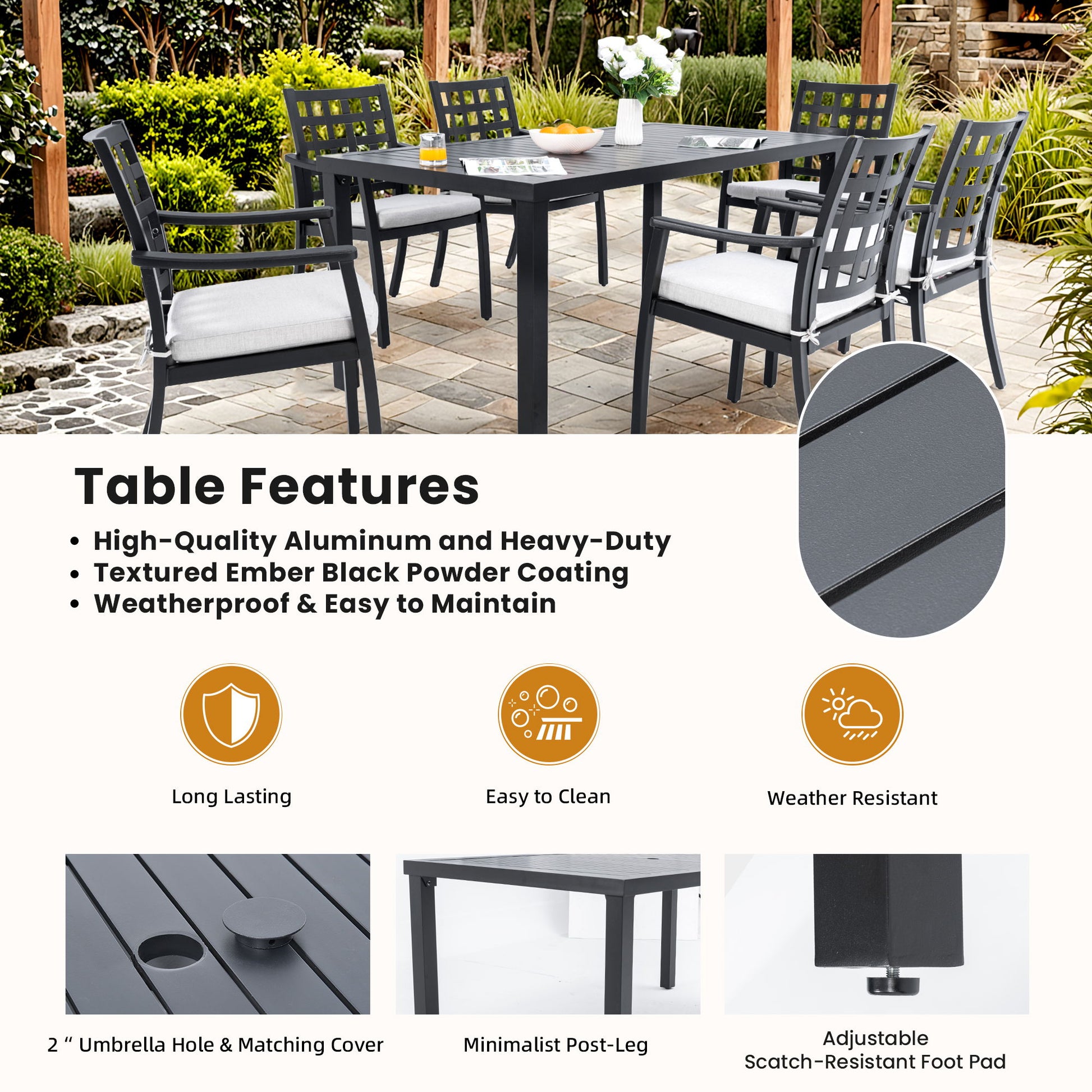Modern Classic Outdoor Patio Dining Set, Rectangular Table & Dining Chairs, Rust Free, Weather Resistant Life Outside