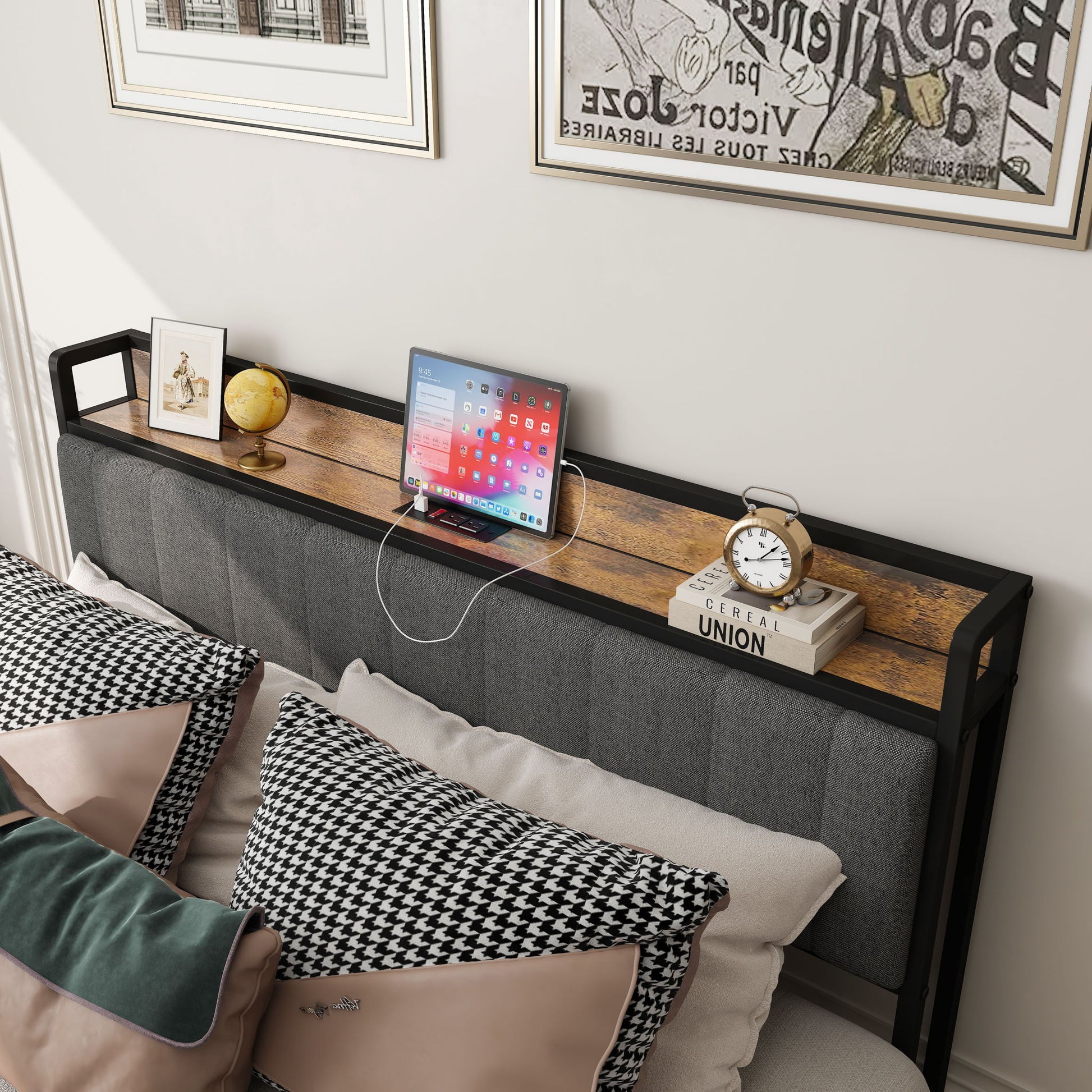 Bed With Charging Station, American Design Upholstered Headboard, Metal Platform Home Essentials