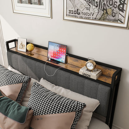 Bed With Charging Station, American Design Upholstered Headboard, Metal Platform Home Essentials