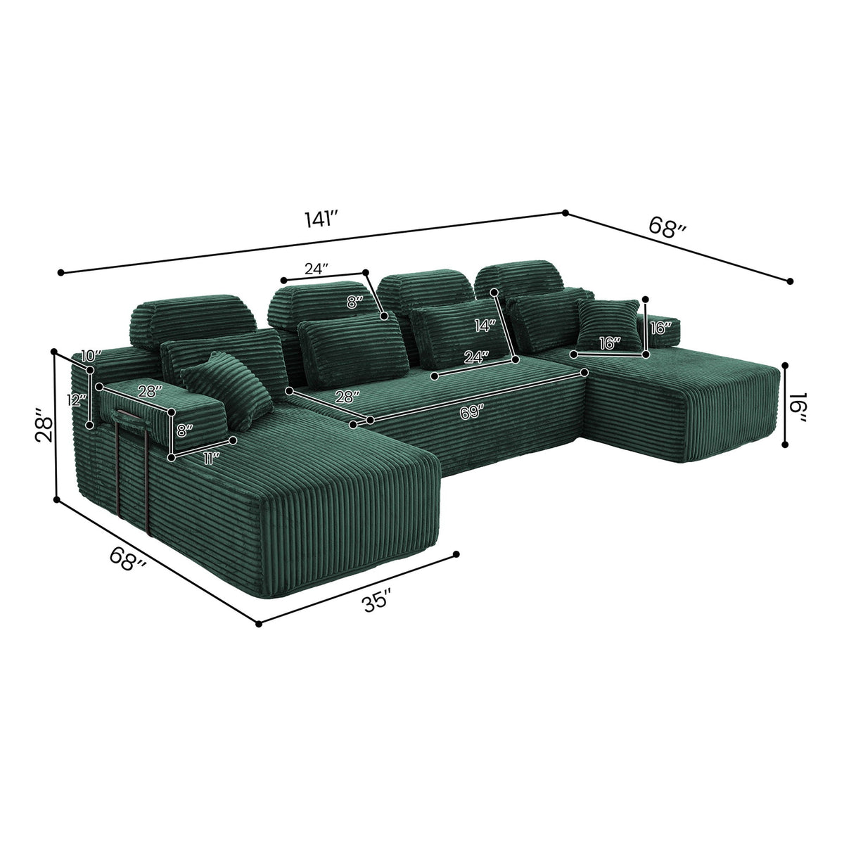 Sectional Sleeper Sofa & Storage Pockets, Modular Couch With Throw Pillows For Living Room Home Essentials