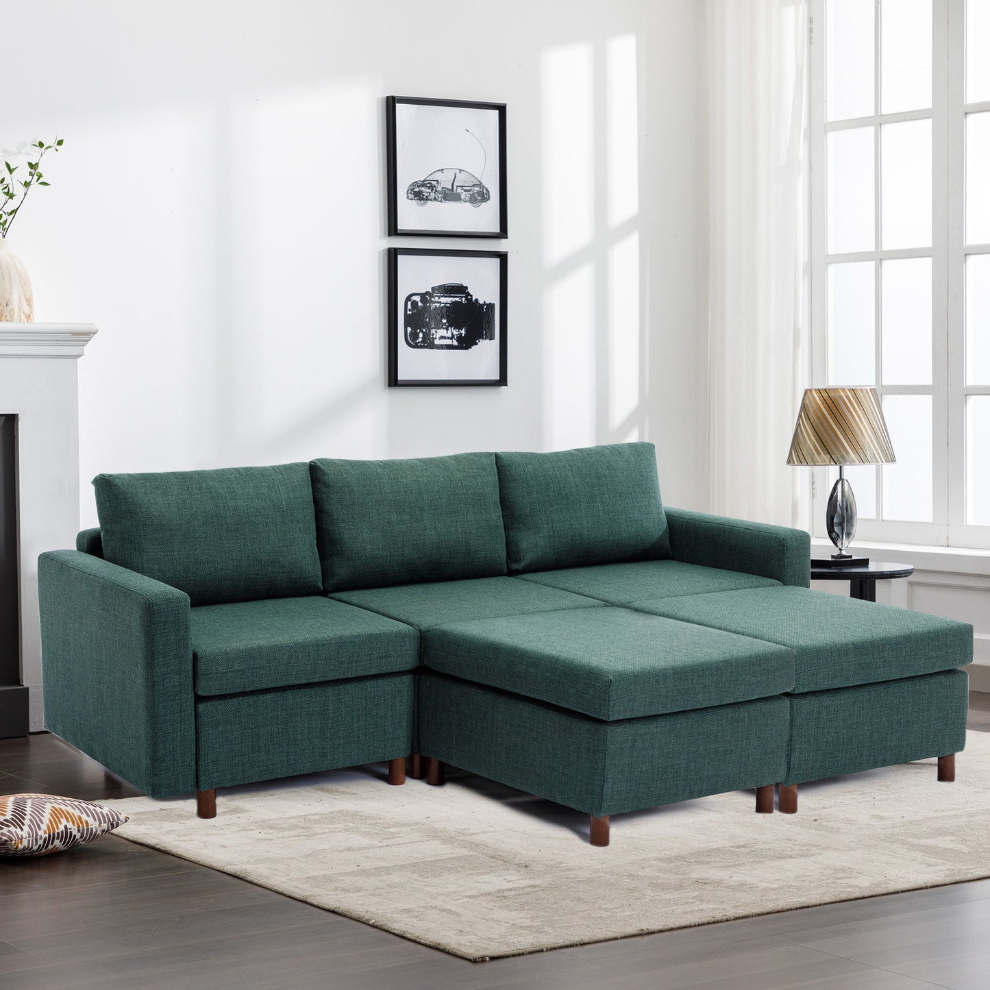 3 Seat Module Sectional Sofa Couch With 2 Ottoman For Living Room, Seat Cushion And Back Cushion Non-Removable And Non-Washable