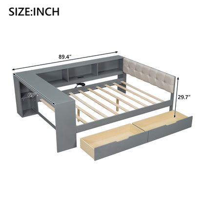 Upholstered Headboard Platform Bed With Storage Shelves, Drawers, Charging Station Hearth and Haven