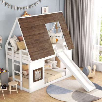 Wood Twin Size House Bunk Bed With Roof, Ladder And Slide - White / Brown