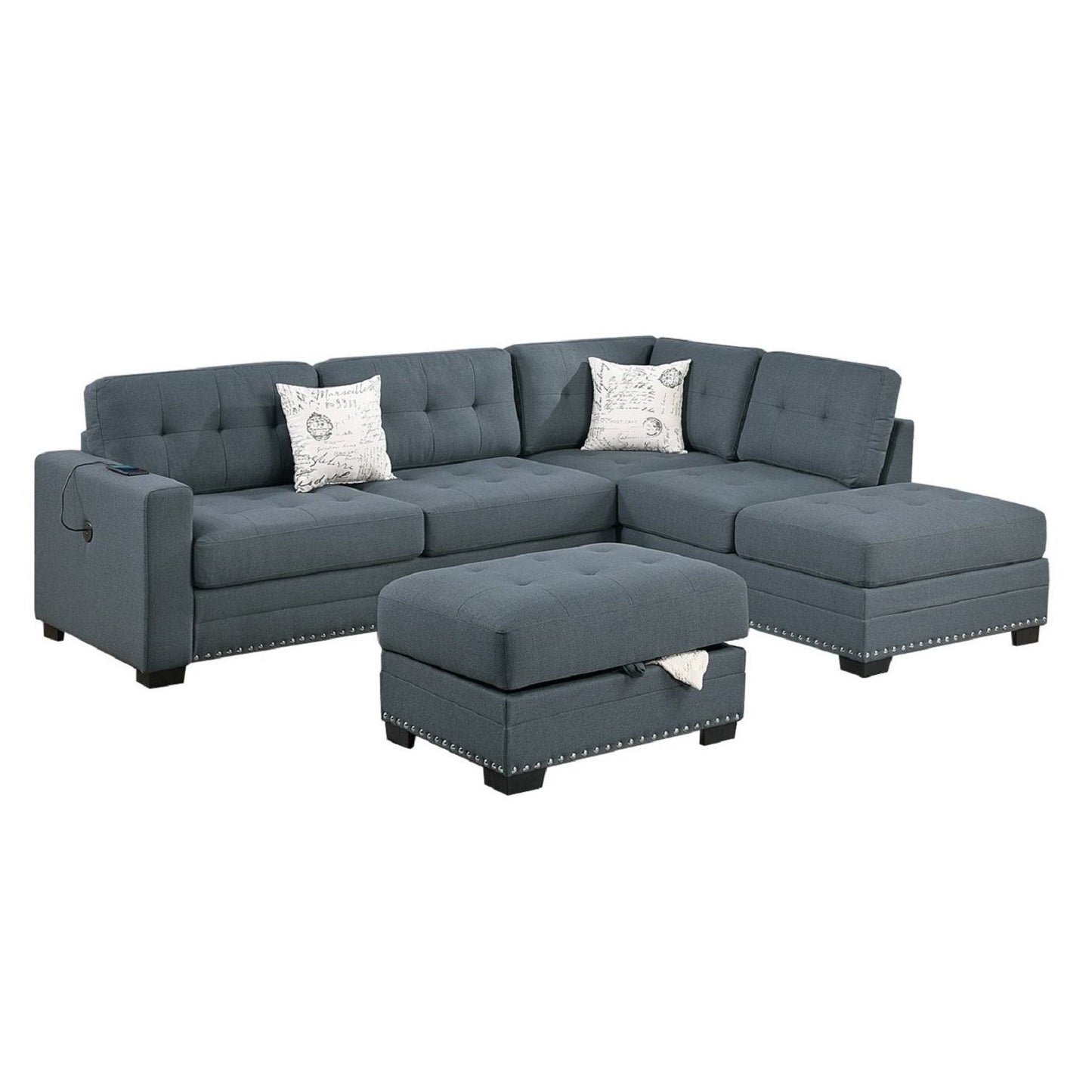 L - Shaped Sectional Sofa Set With Storage Ottoman, Tufted Upholstery Nailhead Trim Home Essentials
