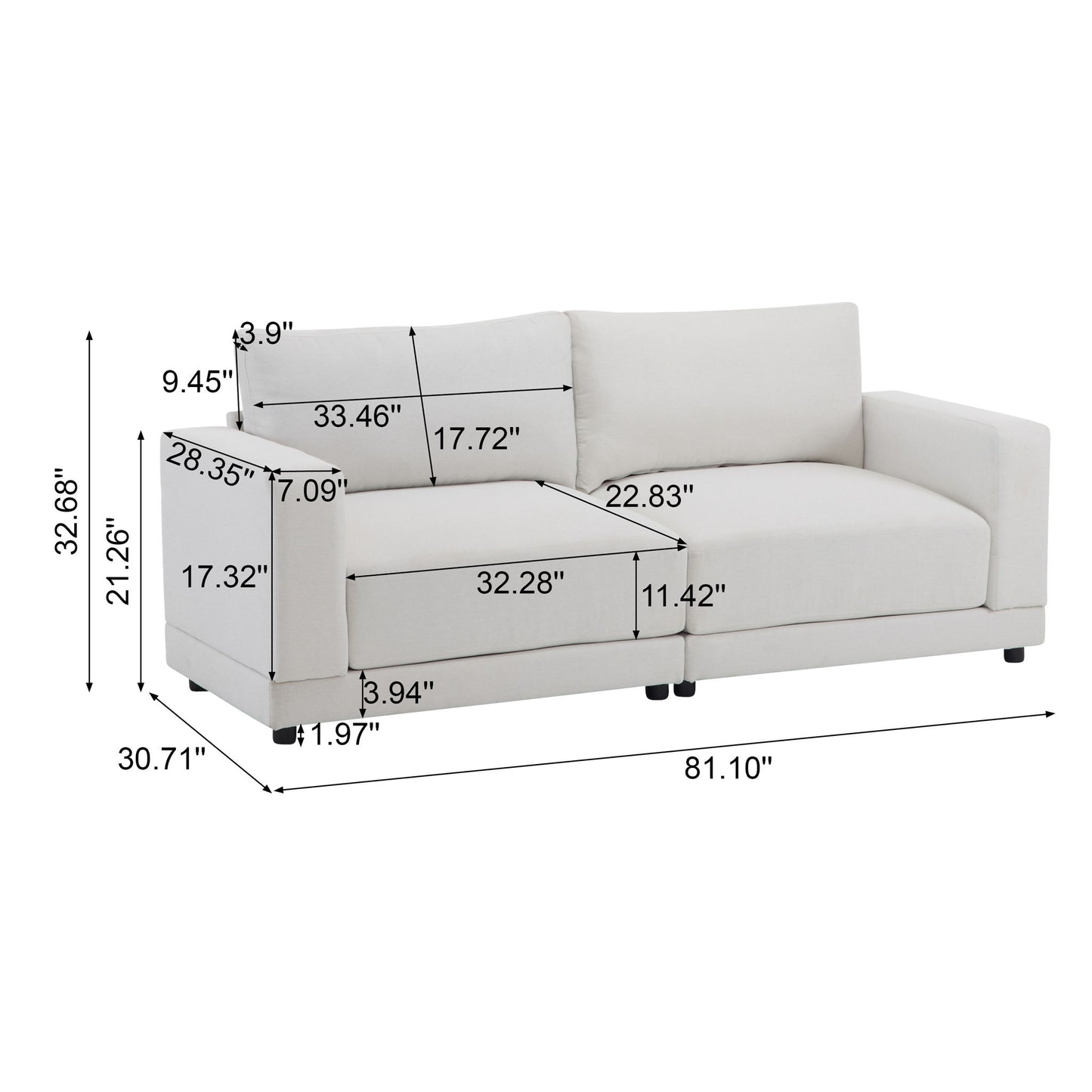Modern Square Arm Sofa With Soft Fabric Upholstery, Deep Cushions Noble House