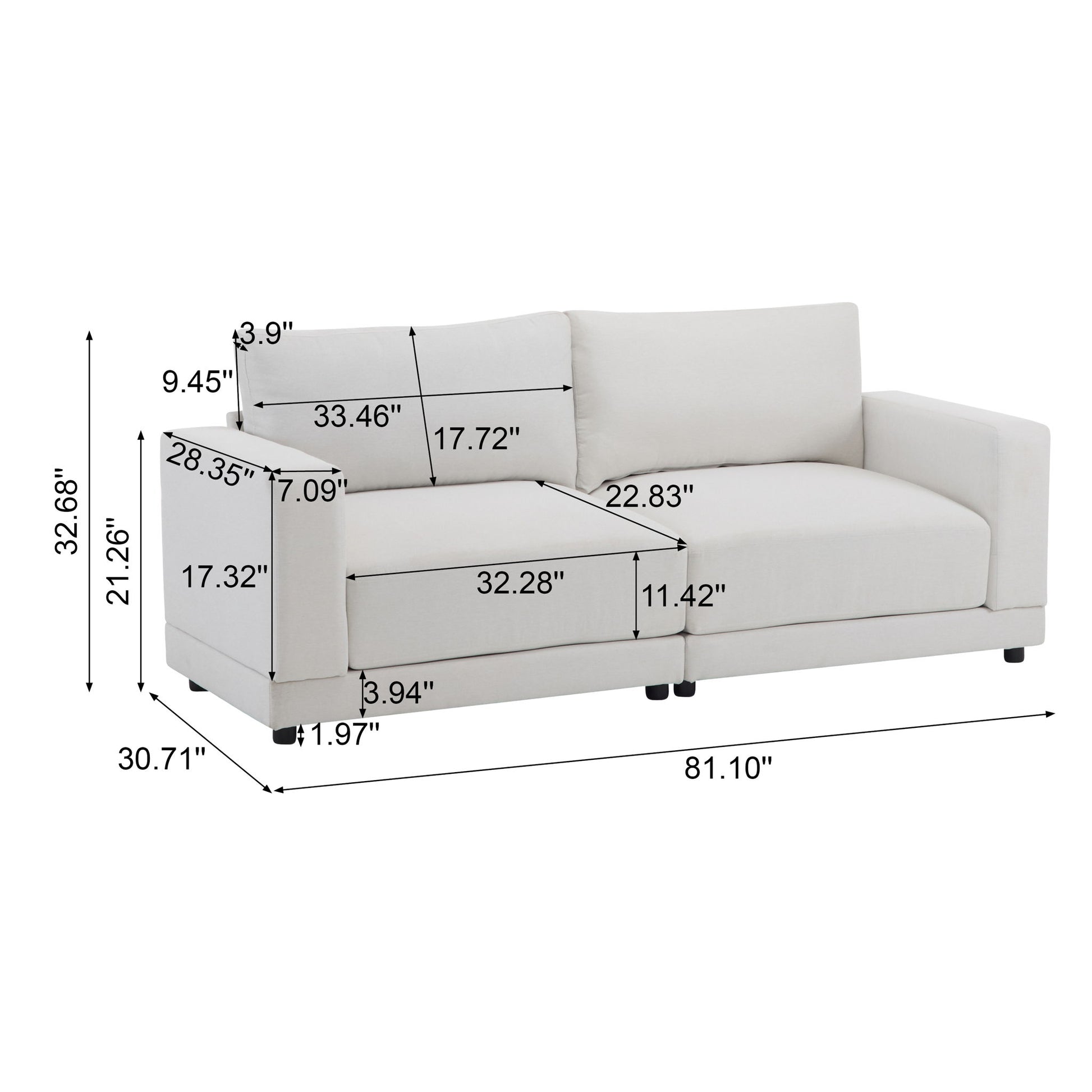 Modern Square Arm Sofa With Soft Fabric Upholstery, Deep Cushions Noble House