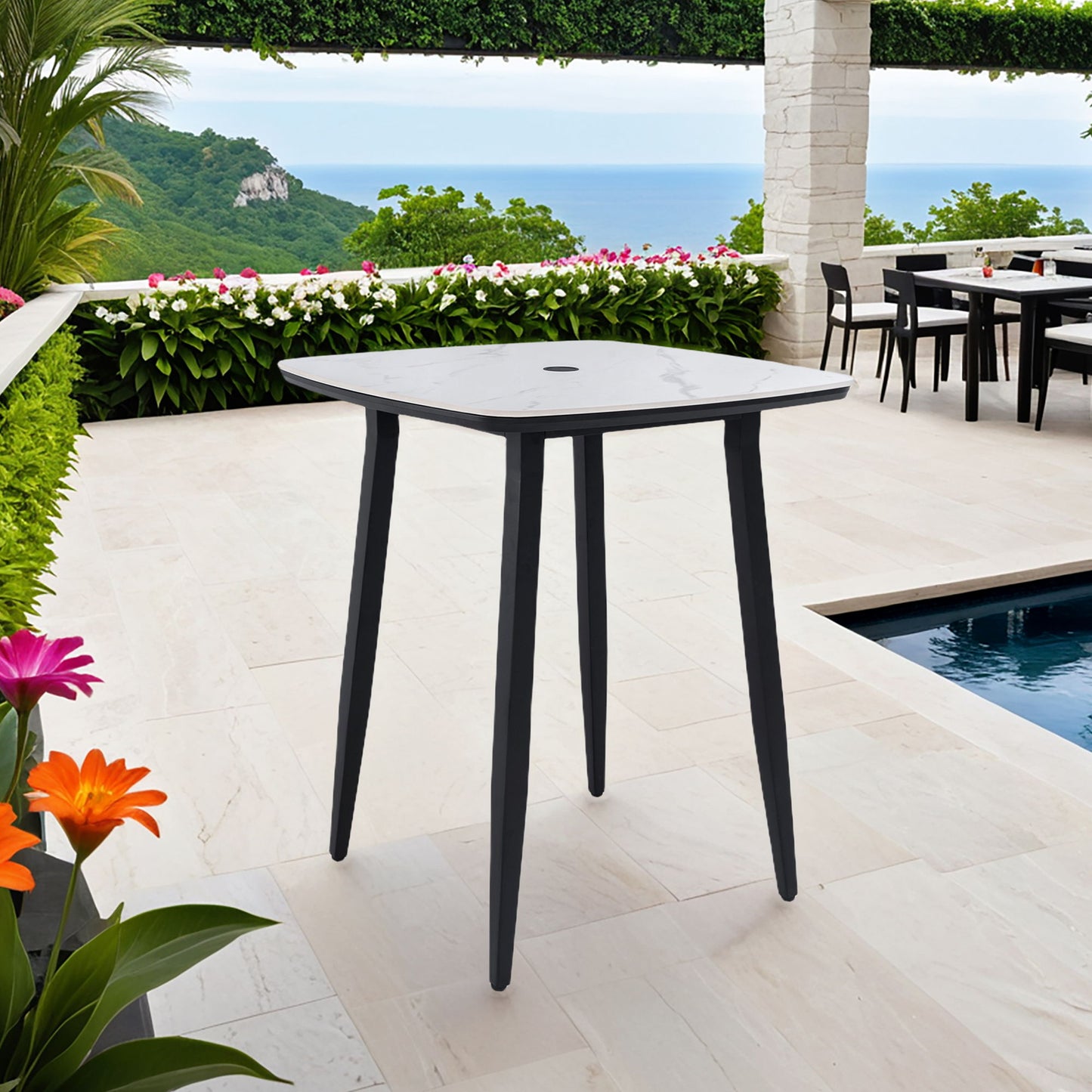 Modern Outdoor Bar Table, Rounded Square Sintered Stone Top With Umbrella Hole, Rust Free Frame, Weatherproof - Ember Black / White Life Outside
