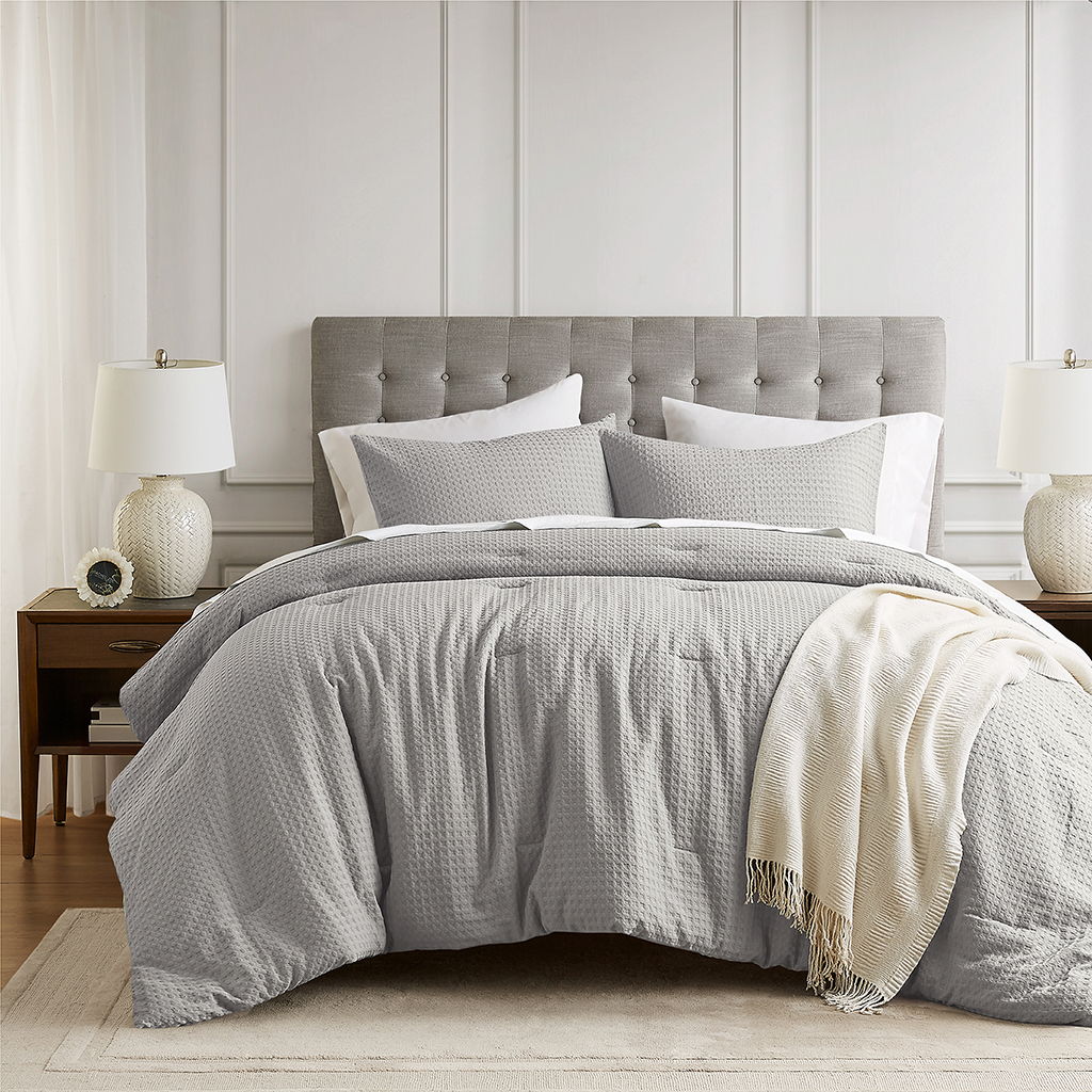 Mina - King/California King Waffle Weave Textured Comforter Set - Light Gray Super Listing