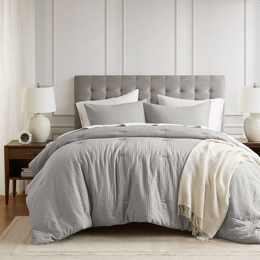 Mina - Full/Queen Waffle Weave Textured Comforter Set - Light Gray Super Listing