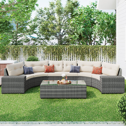 8 Pieces Outdoor Wicker Round Sofa Set, Half-Moon Sectional Sets All Weather, Curved Sofa Set With Rectangular Coffee Table, PE Rattan Water-Resistant And UV Protected, Movable Cushion Hearth and Haven