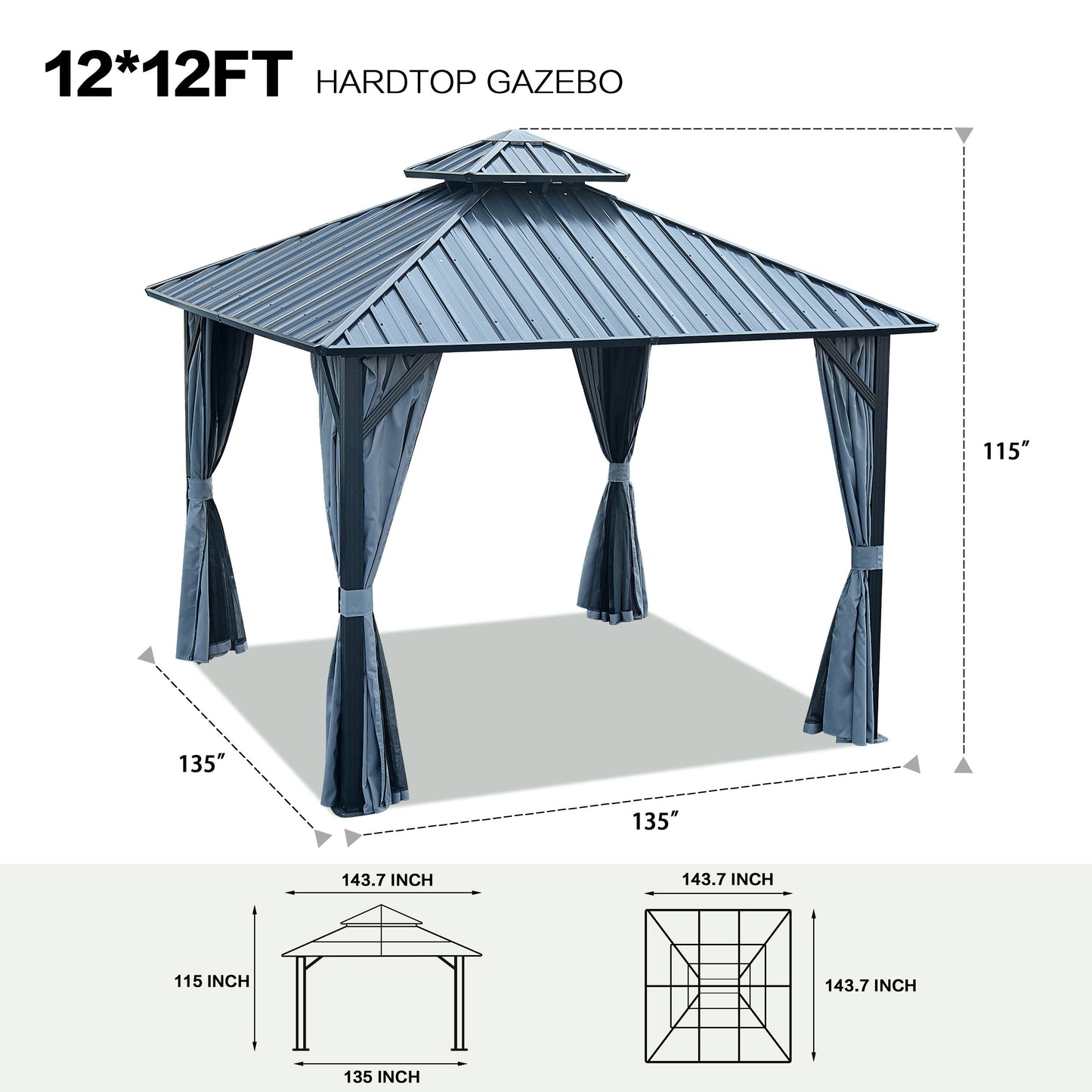 12X12' Gazebo Double Roof Canopy With Netting And Curtains, Outdoor Gazebo 2 Tier Hardtop Galvanized Iron Aluminum Frame Garden Tent For Patio, Backyard, Deck And Lawns - Black