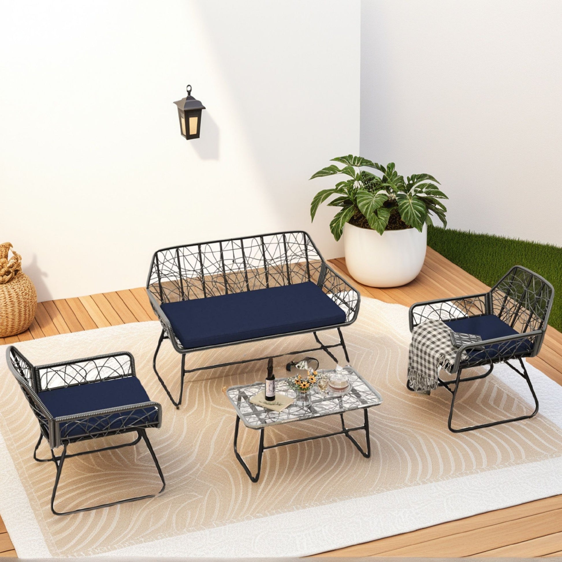 4 Piece Wicker Patio Furniture Set With Tempered Glass Table And Detachable Cushions Home Essentials
