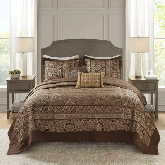 Bellagio - King 5 Piece Reversible Bedspread Set - Brown / Gold Madison Park