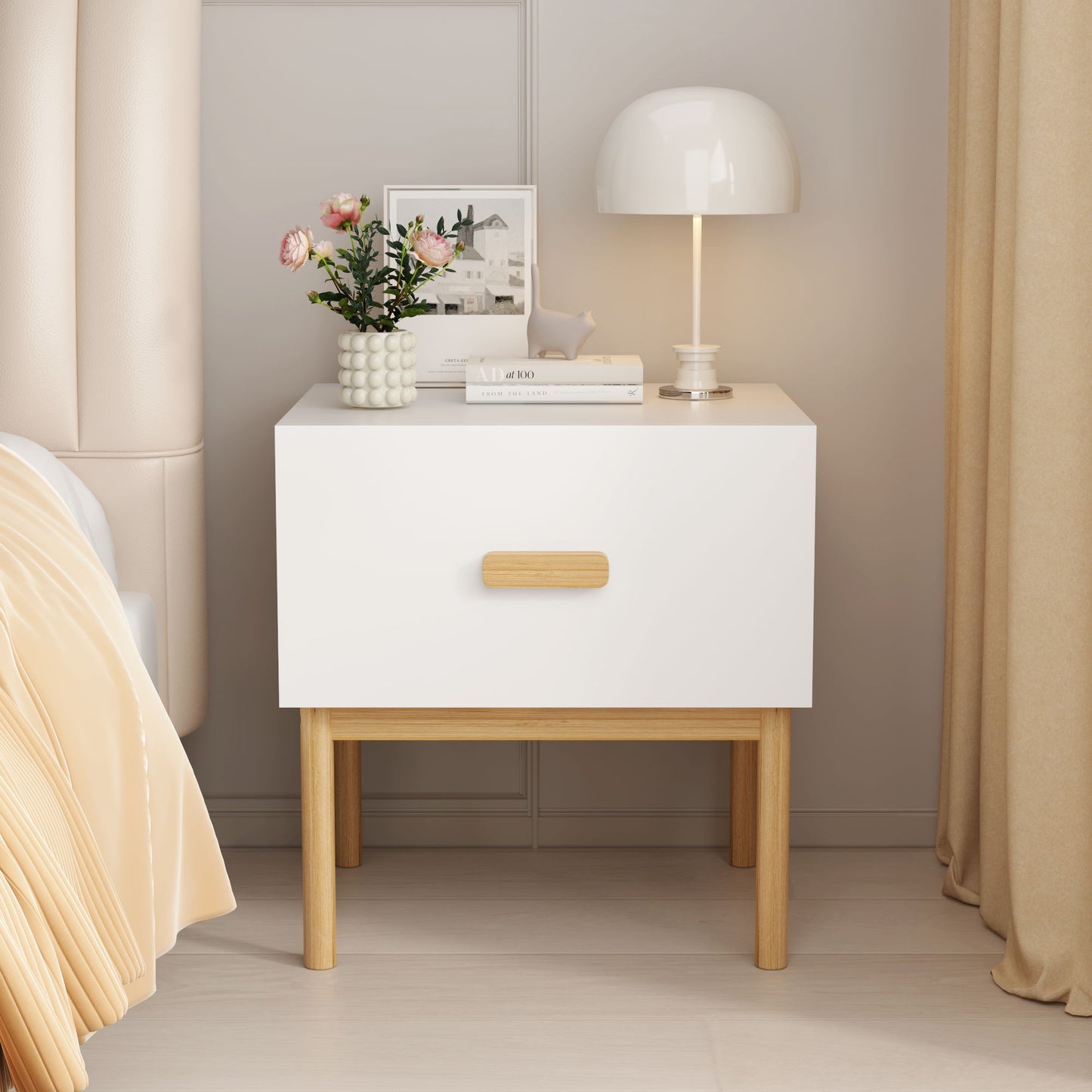Nightstand With Drawer, Minimalist Bedside Table With Handle For Bedroom - White Home Essentials