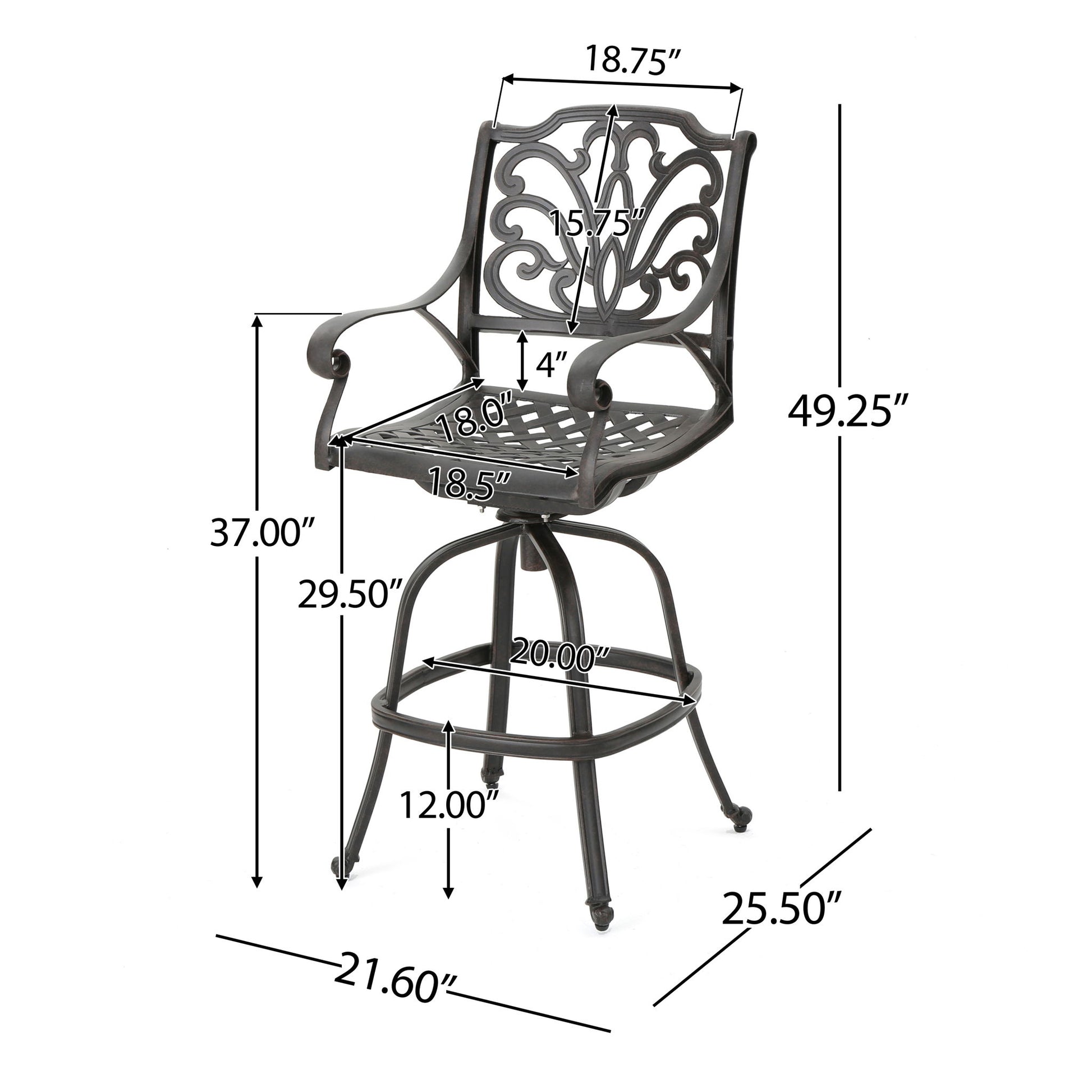Outdoor Cast Aluminum Swivel Bar Stool With Scrolled Arms - Bronze Noble House
