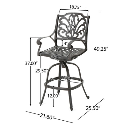 Outdoor Cast Aluminum Swivel Bar Stool With Scrolled Arms - Bronze Noble House