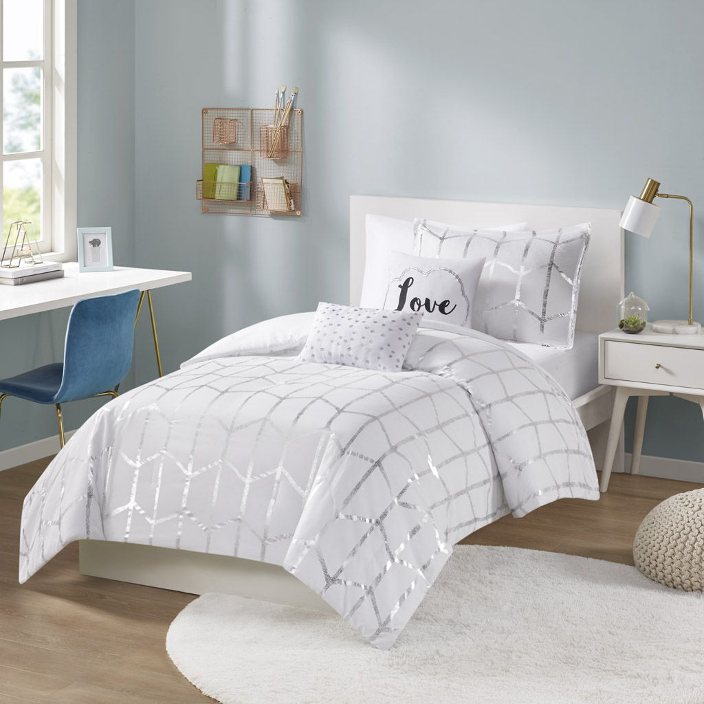 Raina - Twin Metallic Printed Comforter Set - White / Silver Intelligent Design