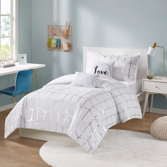 Raina - Twin Metallic Printed Comforter Set - White / Silver Intelligent Design