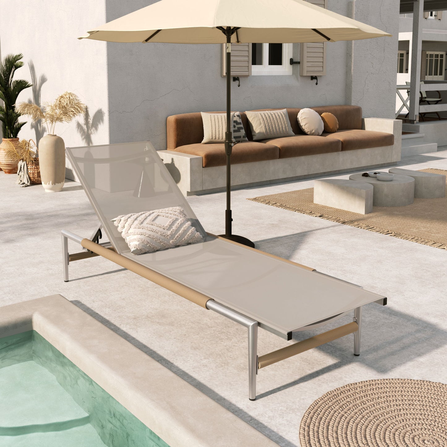 Hargrove - Outdoor Patio Aluminun Chaise Lounge, Outdoor Mesh Seat - Natural / Silver Noble House