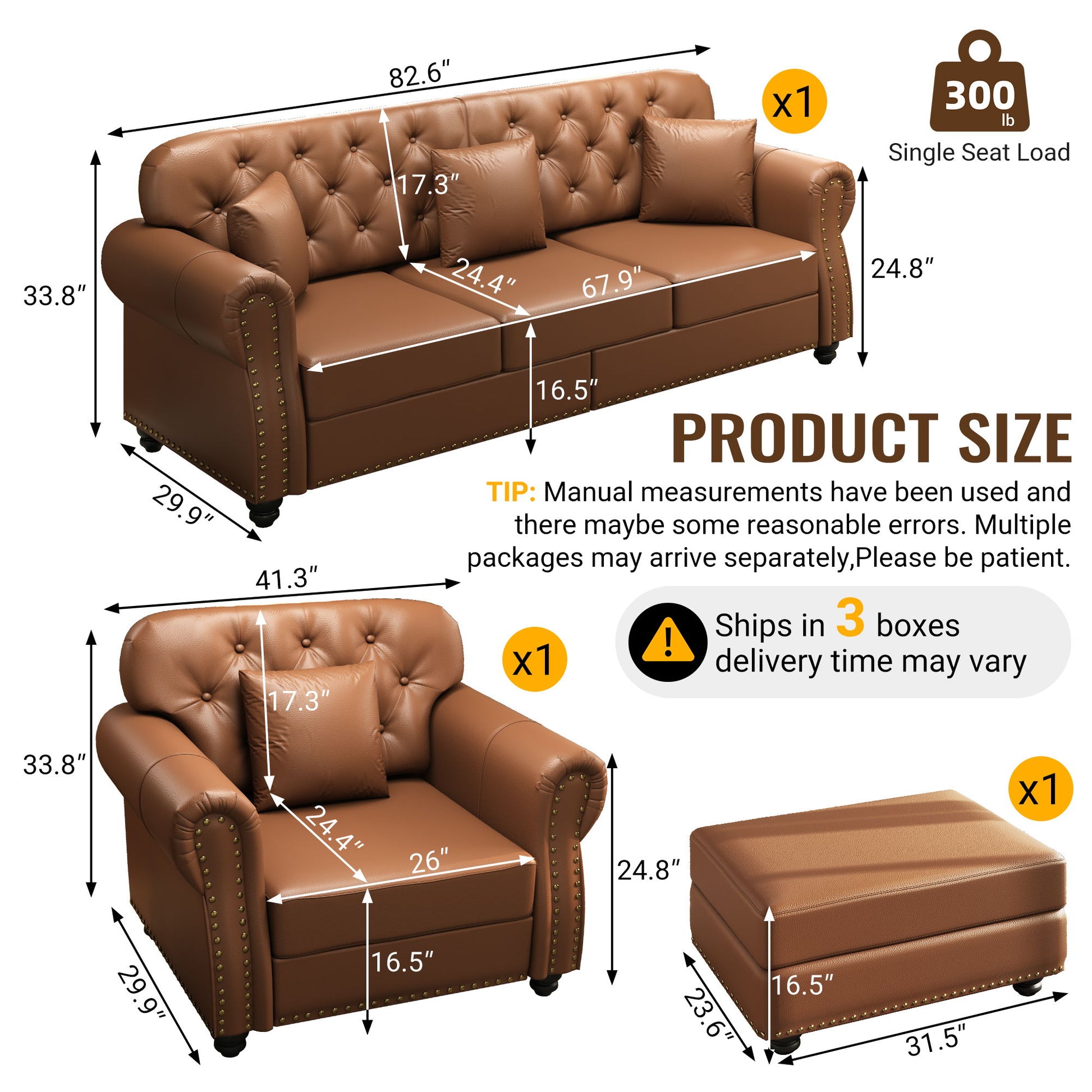 Upholstered Sofa With Nailhead Trim, Rolled Armrests With Ottoman Home Essentials