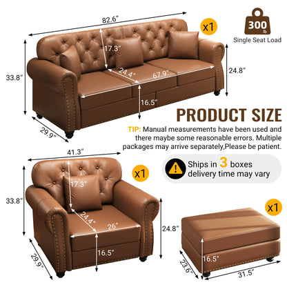 Upholstered Sofa With Nailhead Trim, Rolled Armrests With Ottoman Home Essentials