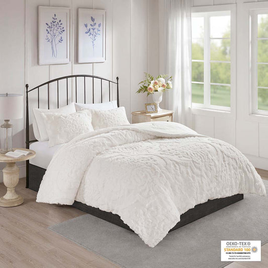 Viola - King 3 Piece Tufted Damask Comforter Set - Off White