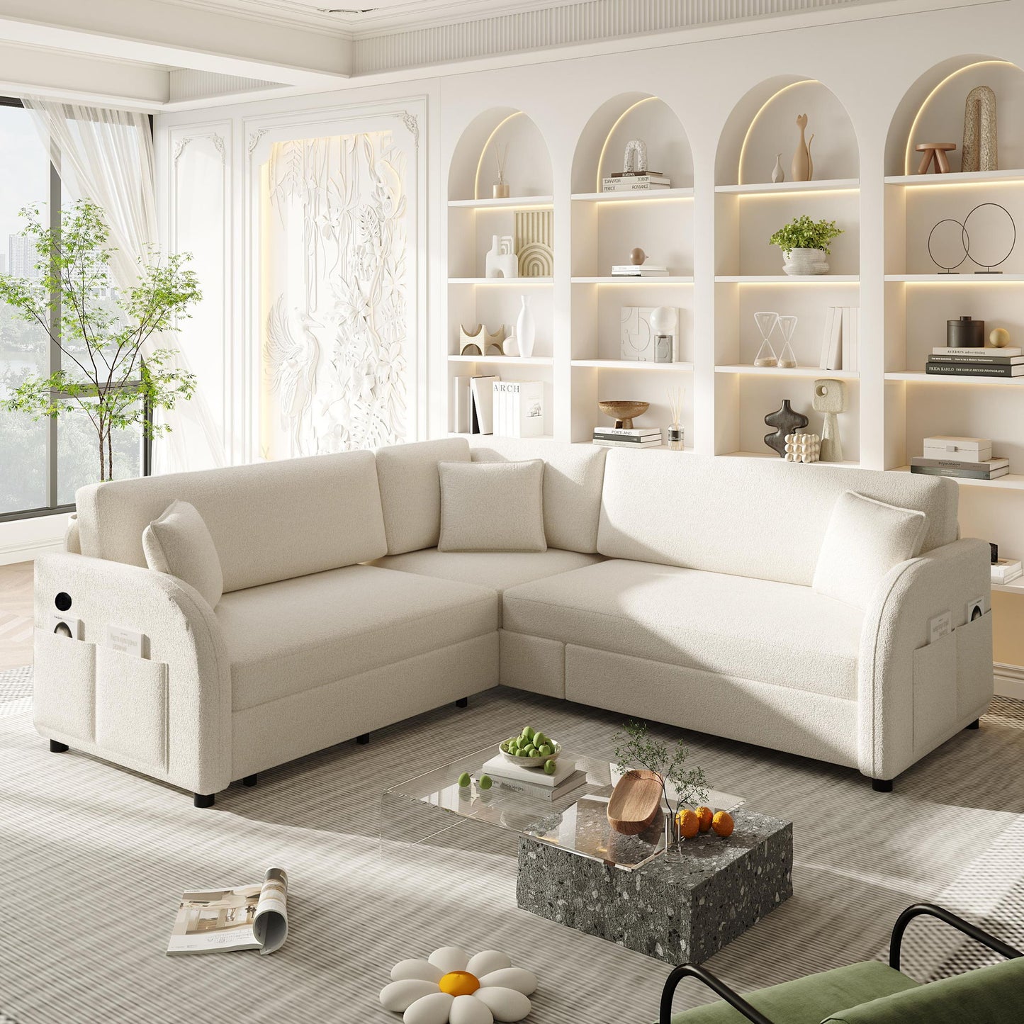 L-Shaped Couch With Pull-Out Bed, Oversize Convertible Sleeper Sofa With Side Pocket & USB Port Home Essentials