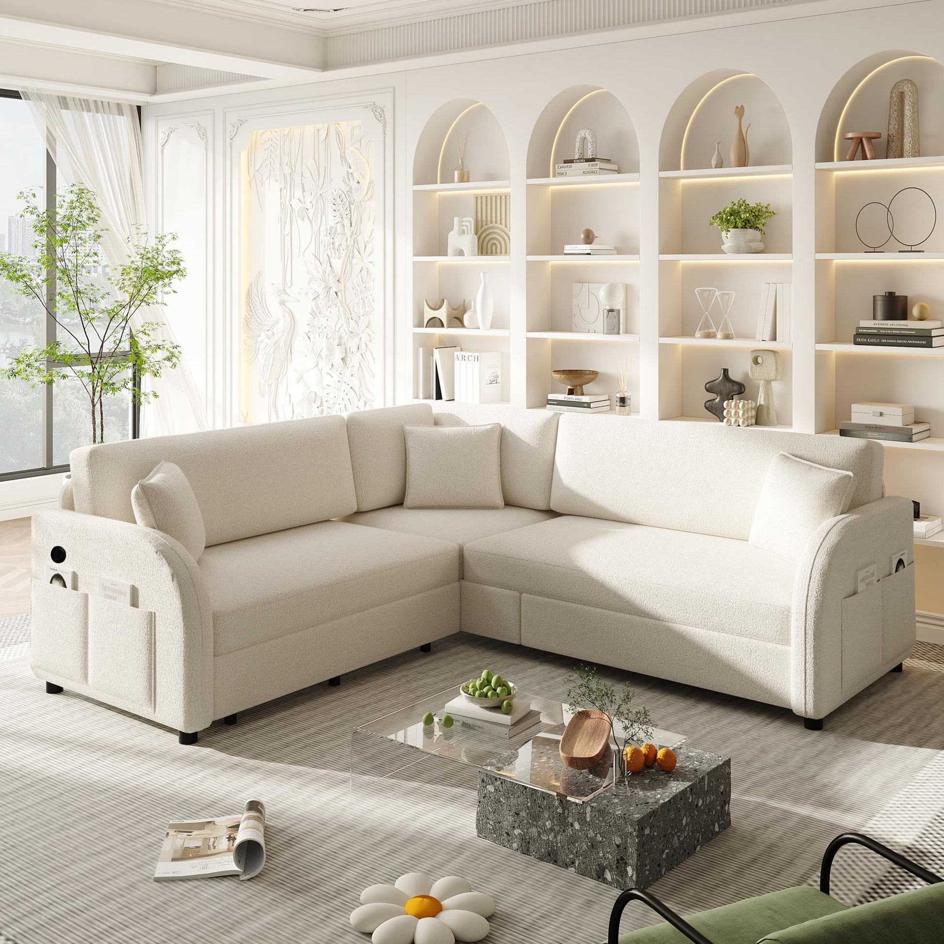 L-Shaped Couch With Pull-Out Bed, Oversize Convertible Sleeper Sofa With Side Pocket & USB Port Home Essentials