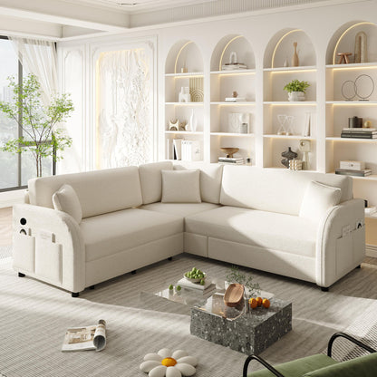 L-Shaped Couch With Pull-Out Bed, Oversize Convertible Sleeper Sofa With Side Pocket & USB Port Home Essentials