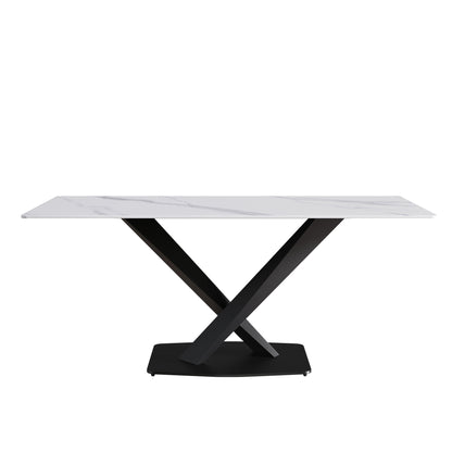 Modern Artificial Stone Straight Edge Metal X Leg Dining Table, 6 People Home Essentials