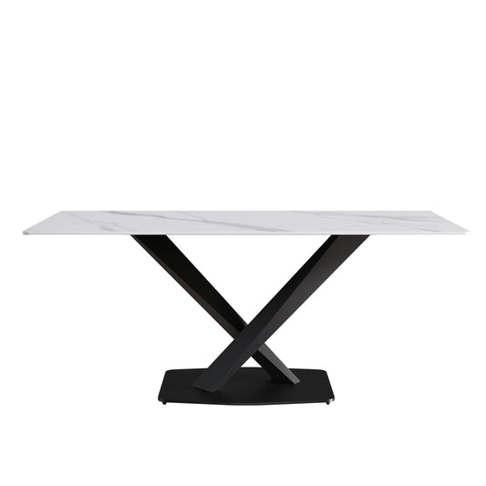 Modern Artificial Stone Straight Edge Metal X Leg Dining Table, 6 People Home Essentials