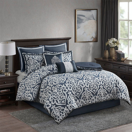 Odette - California King 8 Piece Comforter Set - Navy