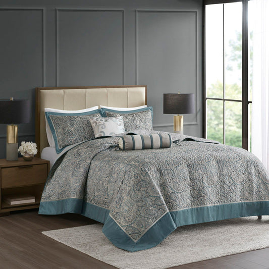 Aubrey - 5 Piece Queen Jacquard Bedspread Set With Throw Pillows - Blue