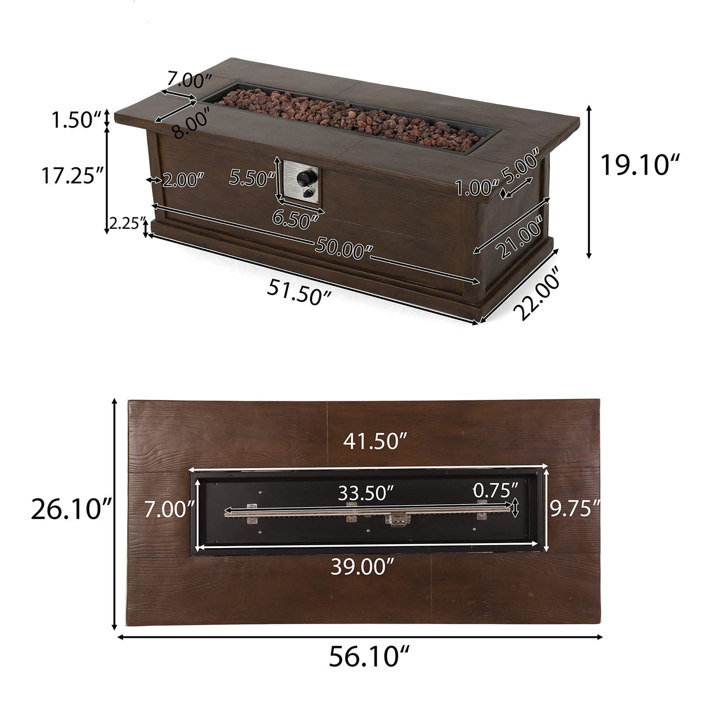 Transitional Rectangular Outdoor Propane Fire Pit With 50,000 Btu Noble House