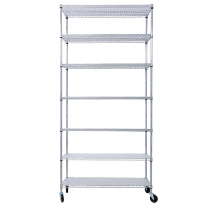 7 Tier Metal Shelf Wire Shelving Unit, 2450Lbs Heavy Duty Adjustable Storage Rack With Wheels & Shelf Liners For Closet Kitchen Garage Basement Commercial Shelving