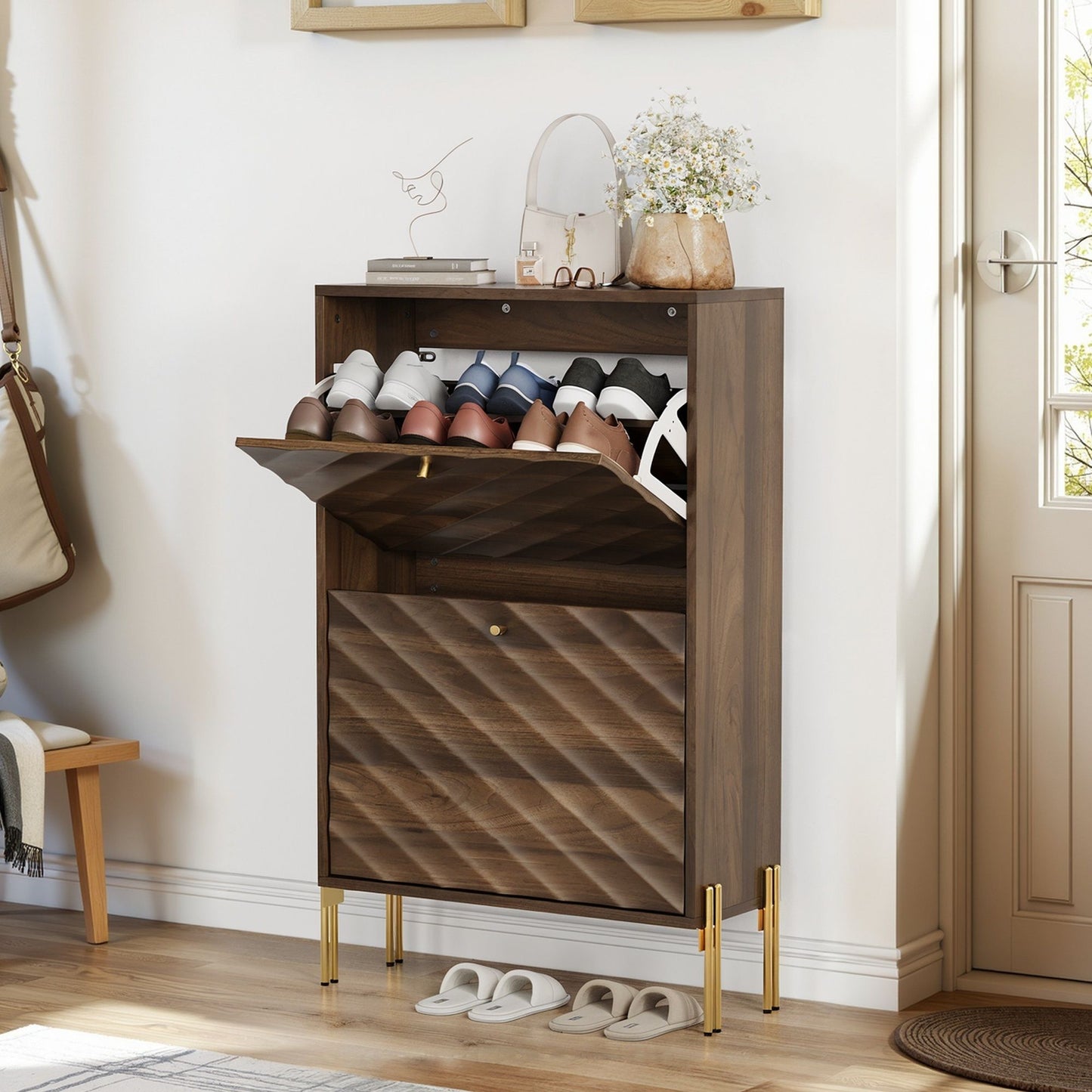 Shoe Cabinet, Freestanding Organizer For Entryway - Walnut Home Essentials