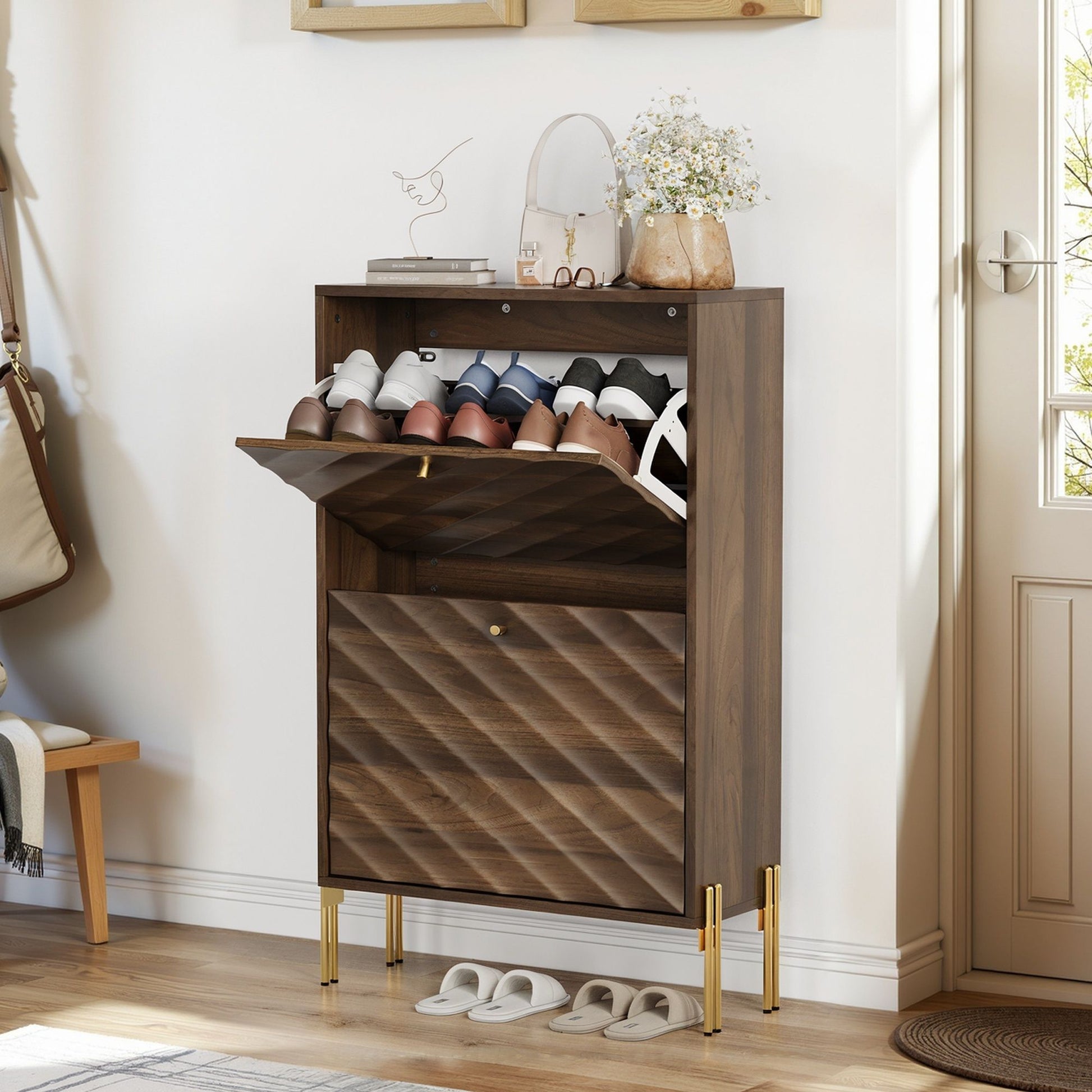 Shoe Cabinet, Freestanding Organizer For Entryway - Walnut Home Essentials