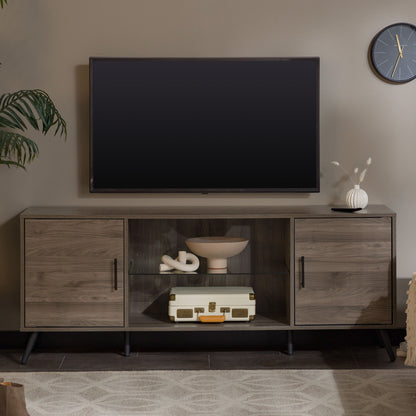 Mid-Century Modern 2 Door TV Stand With Glass Shelf