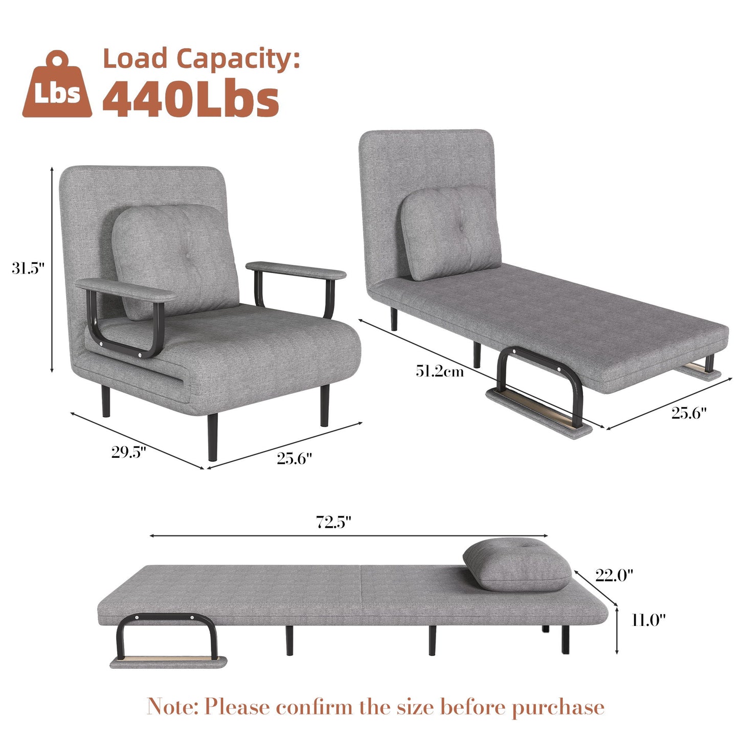 3 In 1 Convertible Folding Sofa Bed With Adjustable Backrest And Pillow Home Essentials