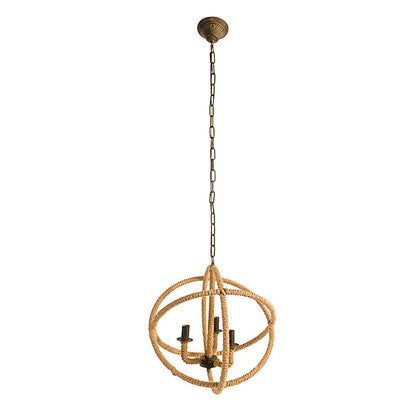 3 Light Farmhouse Chandelier, Rope Chandelier Globe Hanging Light Fixture With With Adjustable Chain For Kitchen Dining Room Foyer Entryway, Bulb Not Included - Beige Brown