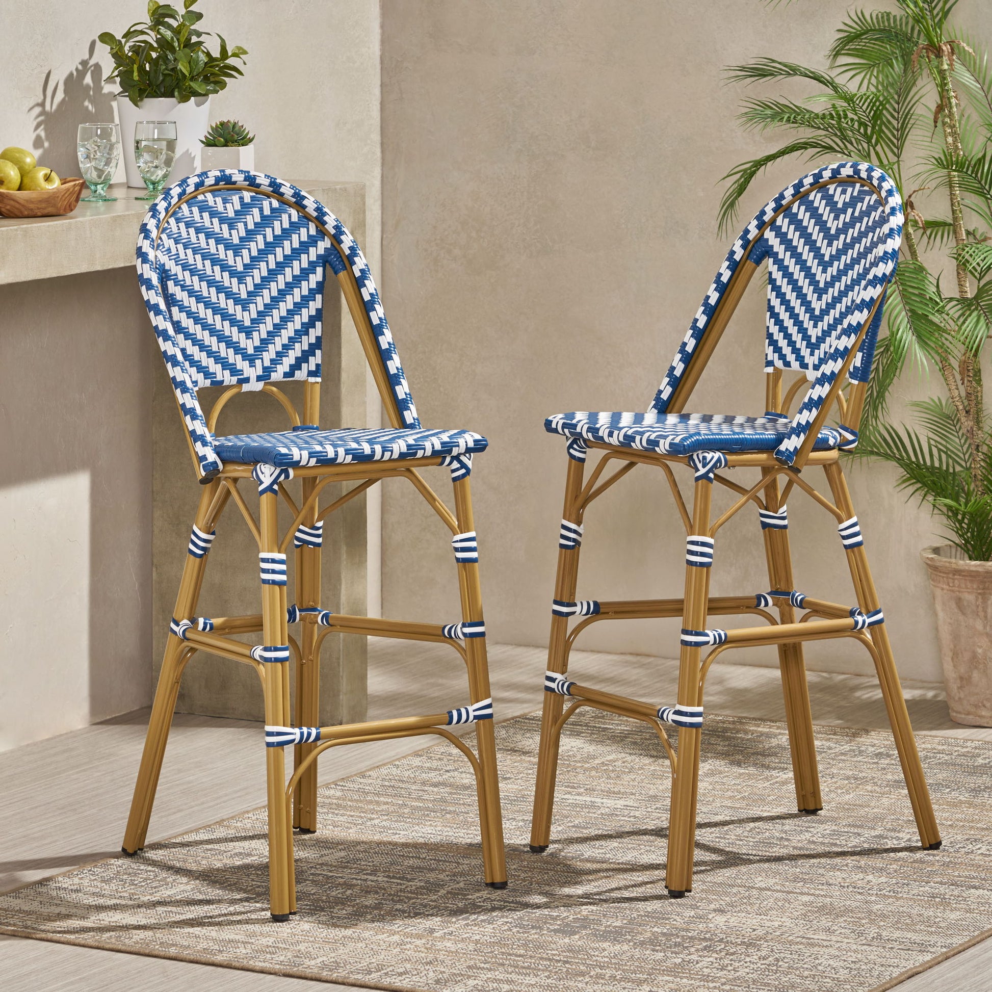 Outdoor Rattan French Barstool Set,, Bamboo, Seat Height - Navy Blue / White Noble House